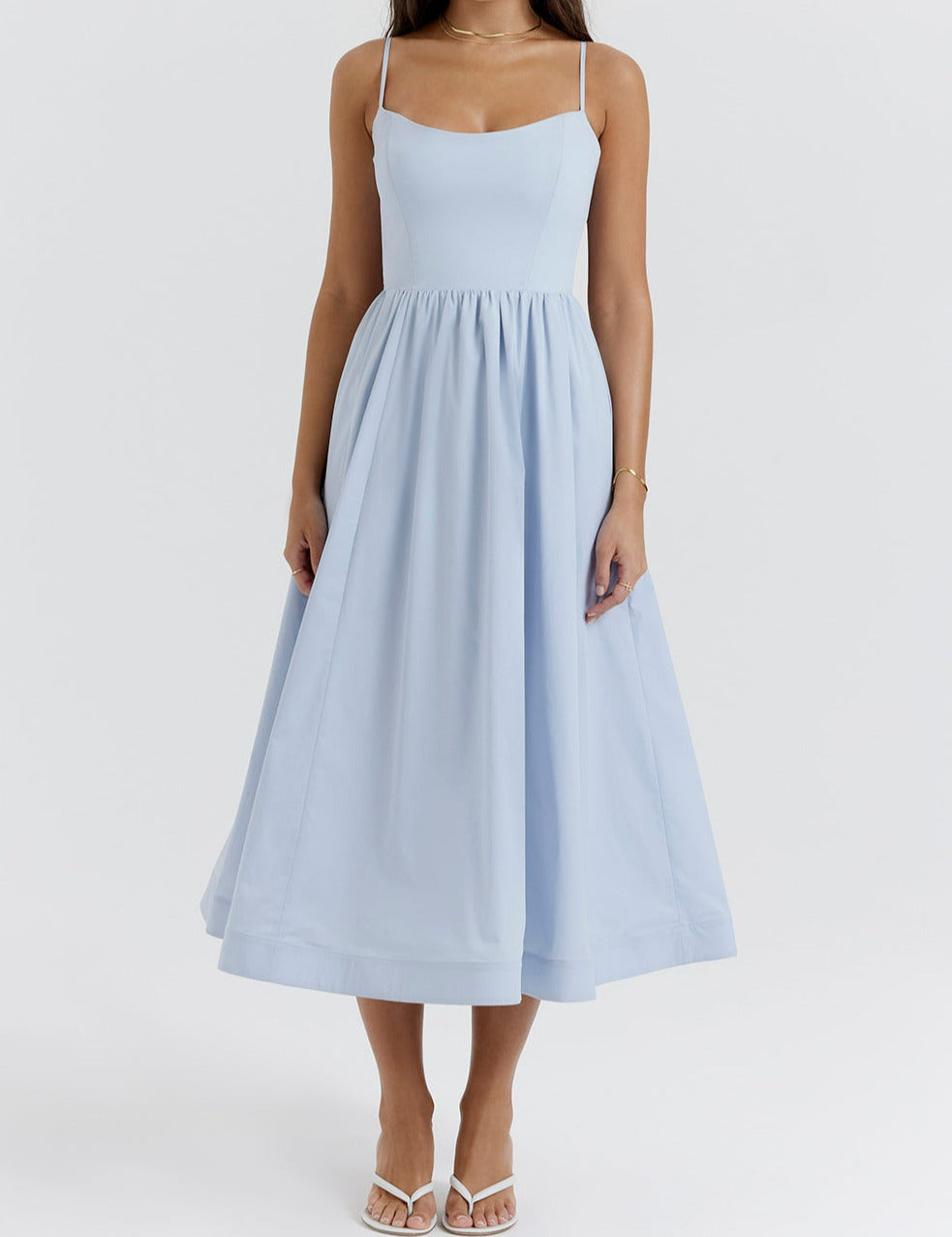 Lara Sleeveless Midi Dress with Full Skirt and Pockets in Blue