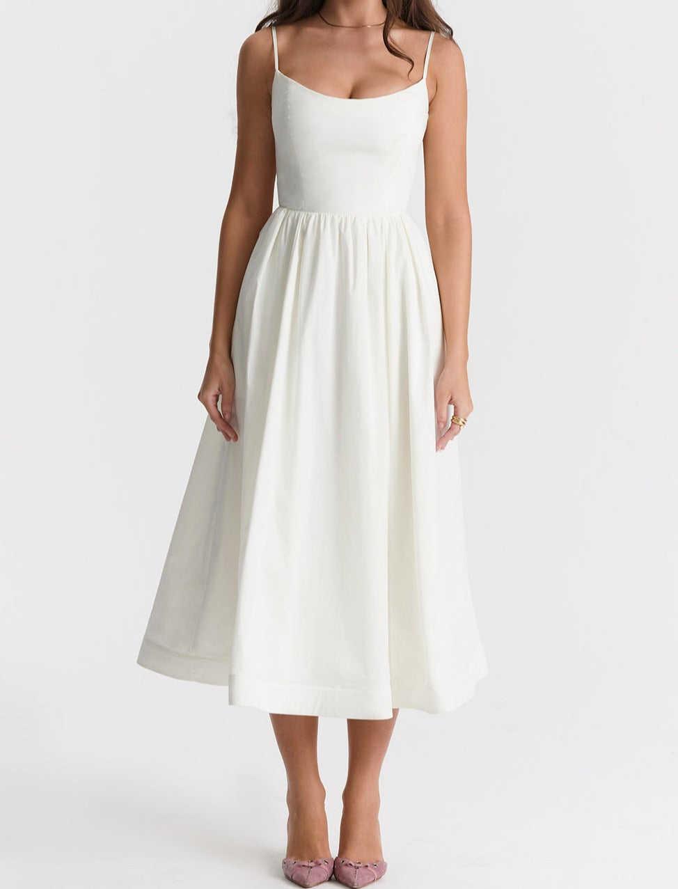 Lara Sleeveless Midi Dress with Full Skirt and Pockets in White