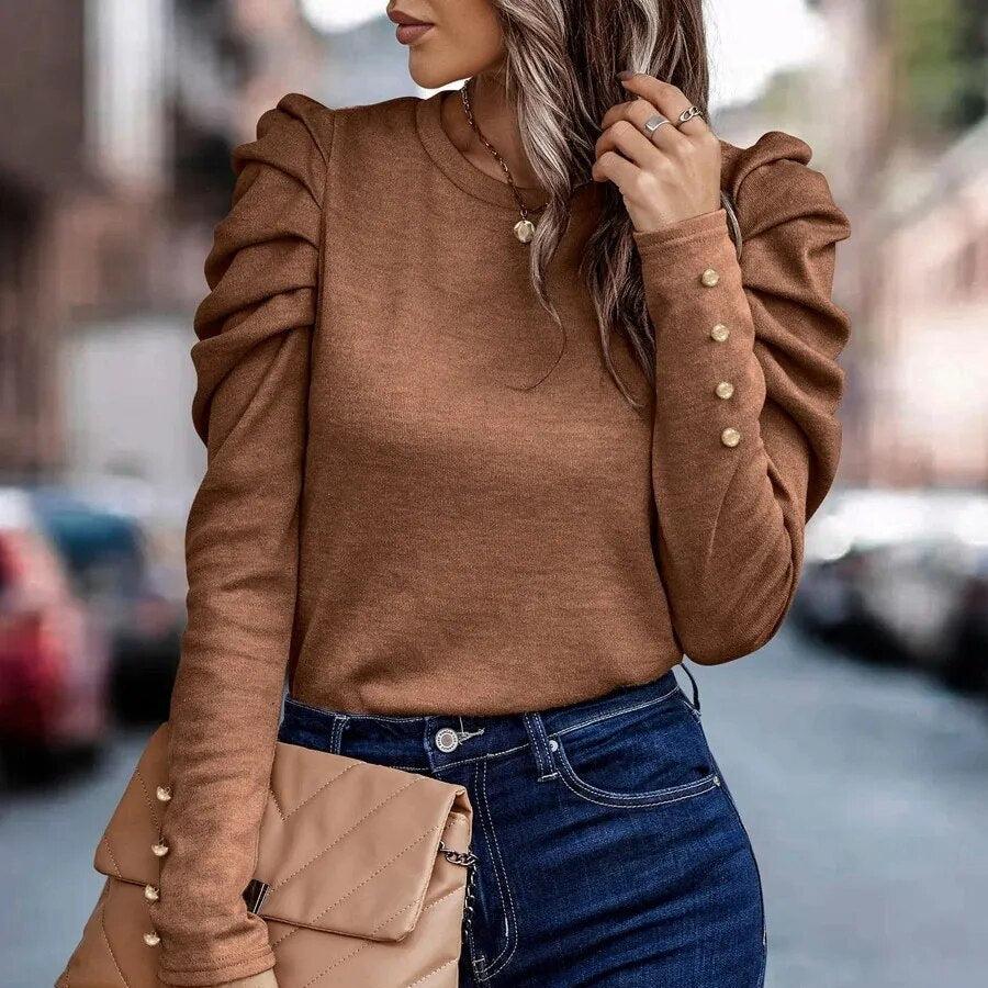 Lia Ruched Sleeve Top with Round Neck and Buttons in Brown