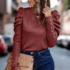 Lia Ruched Sleeve Top with Round Neck and Buttons in Red