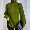 Lily Chunky Ribbed Turtleneck Sweater with Side Slits in Pea Green
