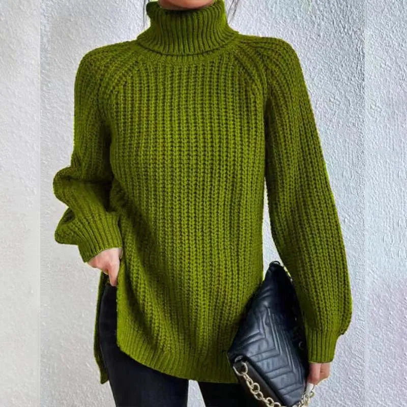 Lily Chunky Ribbed Turtleneck Sweater with Side Slits in Pea Green