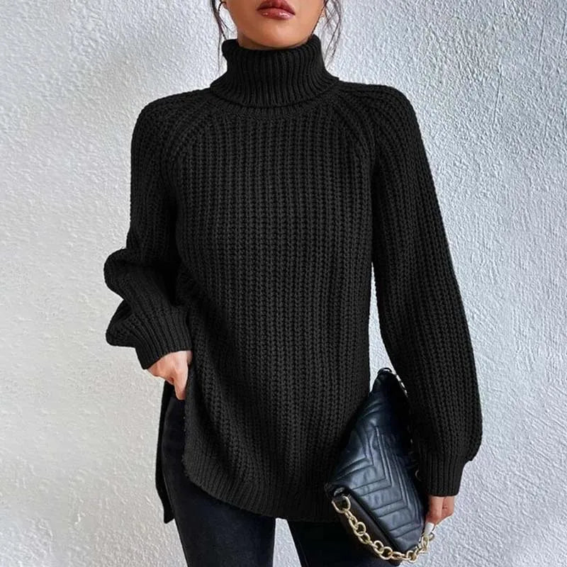 Lily Chunky Ribbed Turtleneck Sweater with Side Slits in Black