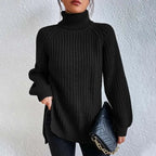 Lily Chunky Ribbed Turtleneck Sweater with Side Slits in Black