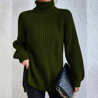 Lily Chunky Ribbed Turtleneck Sweater with Side Slits in Army Green