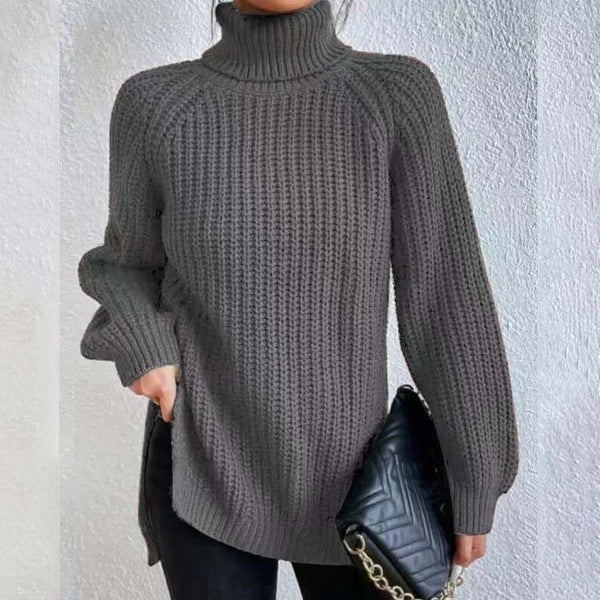 Lily Chunky Ribbed Turtleneck Sweater with Side Slits in Dark Grey
