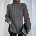 Lily Chunky Ribbed Turtleneck Sweater with Side Slits in Dark Grey