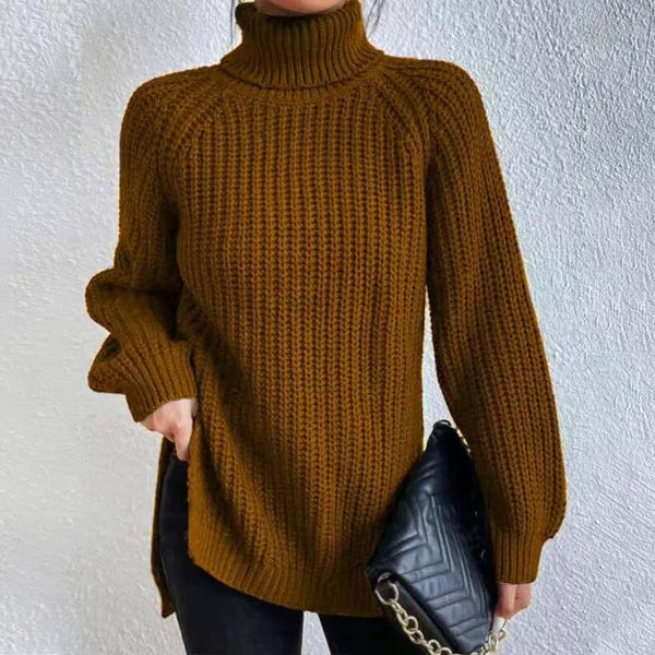 Lily Chunky Ribbed Turtleneck Sweater with Side Slits in Camel