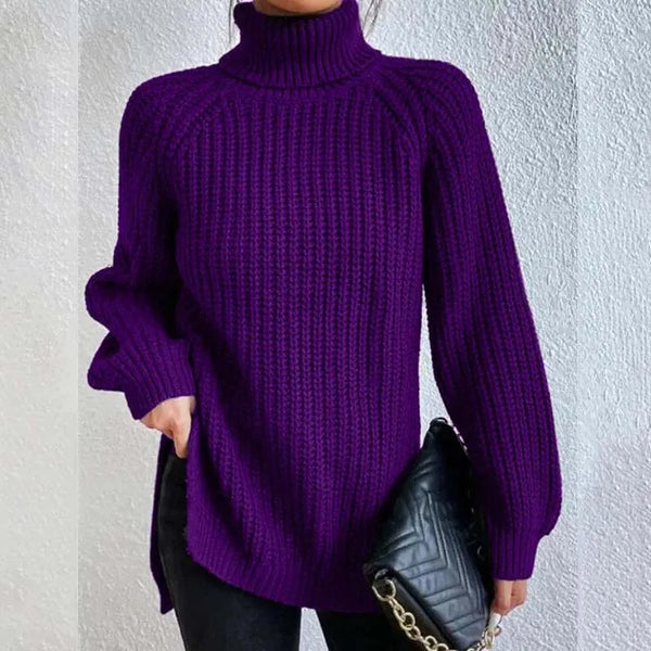 Lily Chunky Ribbed Turtleneck Sweater with Side Slits in Purple