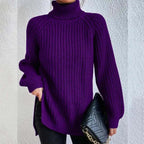 Lily Chunky Ribbed Turtleneck Sweater with Side Slits in Purple
