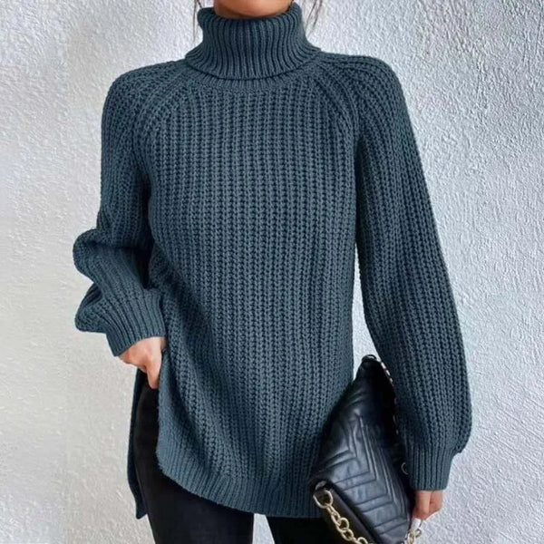 Lily Chunky Ribbed Turtleneck Sweater with Side Slits in Dust Blue