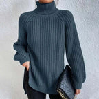 Lily Chunky Ribbed Turtleneck Sweater with Side Slits in Dust Blue