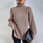 Lily Chunky Ribbed Turtleneck Sweater with Side Slits in Khaki