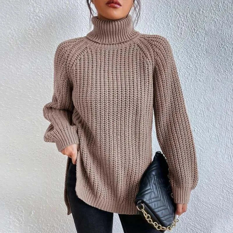 Lily Chunky Ribbed Turtleneck Sweater with Side Slits in Khaki