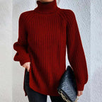 Lily Chunky Ribbed Turtleneck Sweater with Side Slits in Wine Red