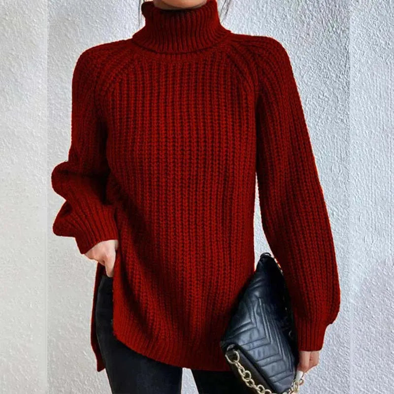 Lily Chunky Ribbed Turtleneck Sweater with Side Slits in Wine Red