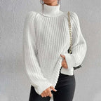 Lily Chunky Ribbed Turtleneck Sweater with Side Slits in White