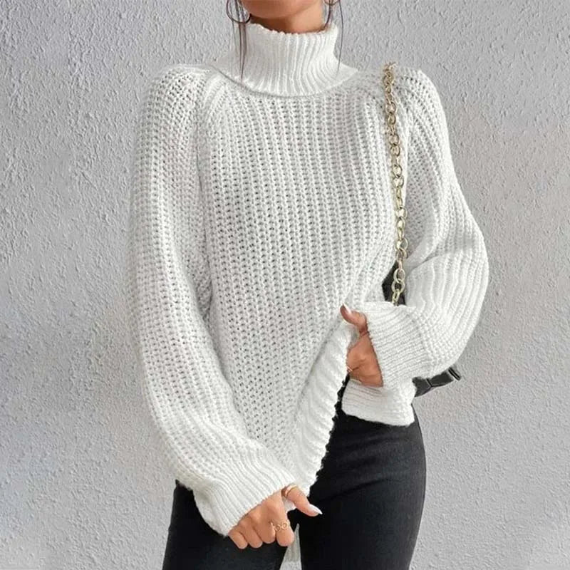 Lily Chunky Ribbed Turtleneck Sweater with Side Slits in White