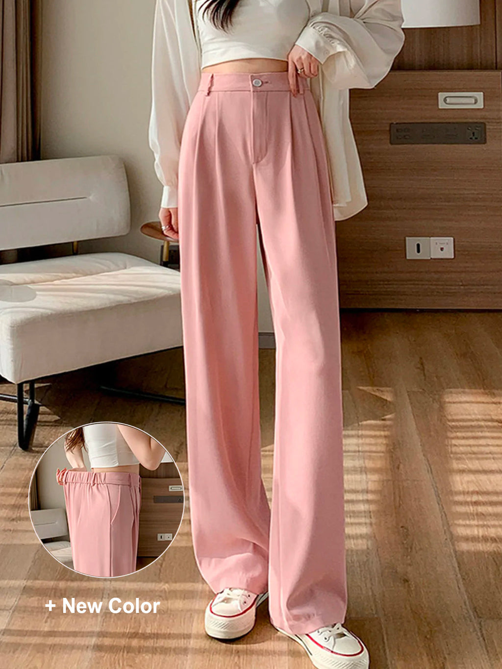 Lisa Straight Wide-Leg Trousers with a Clean High Waist in Pink