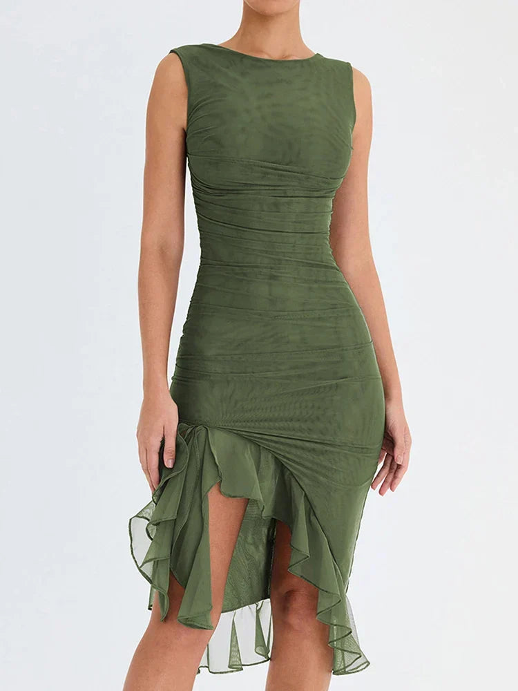 Livia Ruched Midi Dress with Asymmetric Ruffle Hem in Green