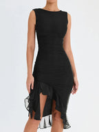 Livia Ruched Midi Dress with Asymmetric Ruffle Hem in Black