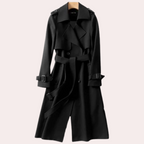 Longline Belted Trench Coat with Wide Notch Lapels in Black