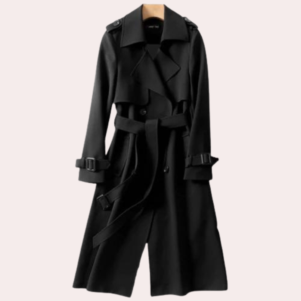 Longline Belted Trench Coat with Wide Notch Lapels in Black