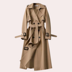Longline Belted Trench Coat with Wide Notch Lapels in Khaki