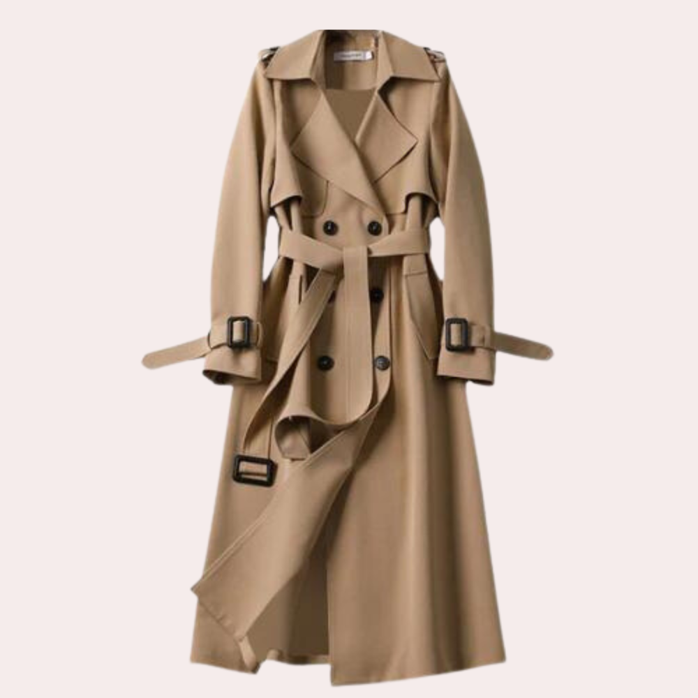Longline Belted Trench Coat with Wide Notch Lapels in Khaki