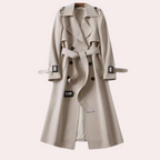 Longline Belted Trench Coat with Wide Notch Lapels in Beige