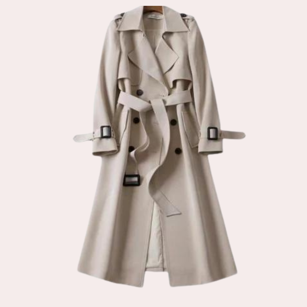 Longline Belted Trench Coat with Wide Notch Lapels in Beige