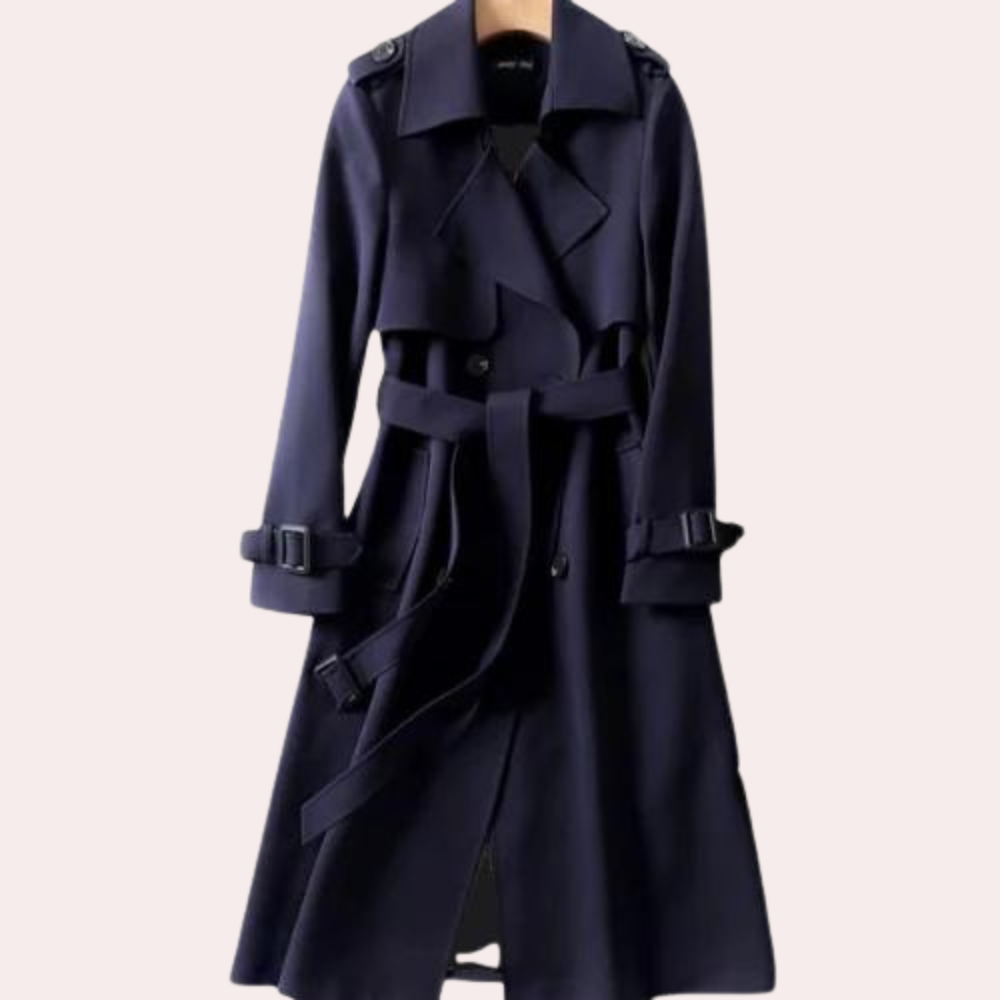 Longline Belted Trench Coat with Wide Notch Lapels in Dark Blue