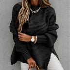Longline Chunky Knit Sweater with Side Slits and Round Neck in Black