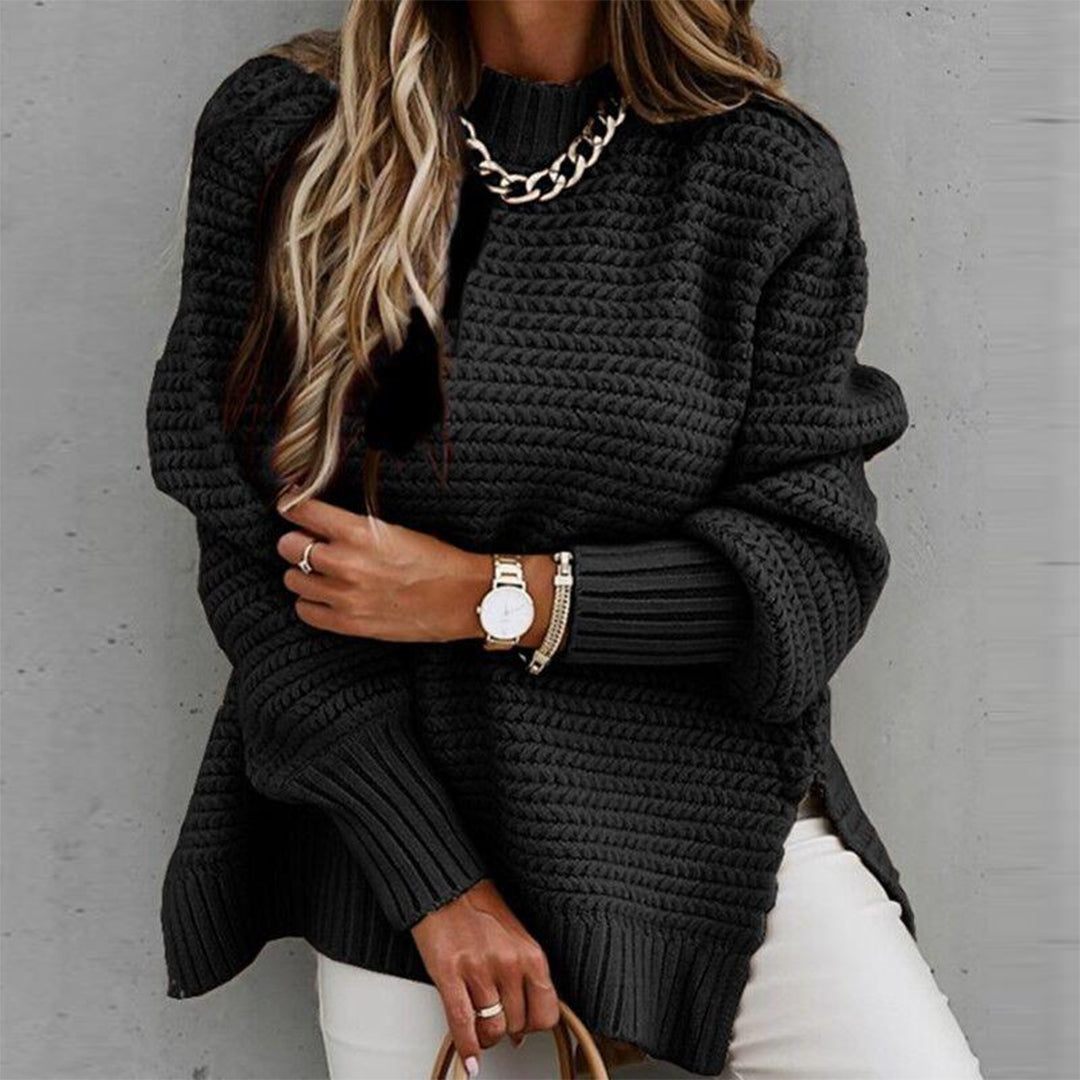 Longline Chunky Knit Sweater with Side Slits and Round Neck in Black