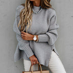 Longline Chunky Knit Sweater with Side Slits and Round Neck in Grey