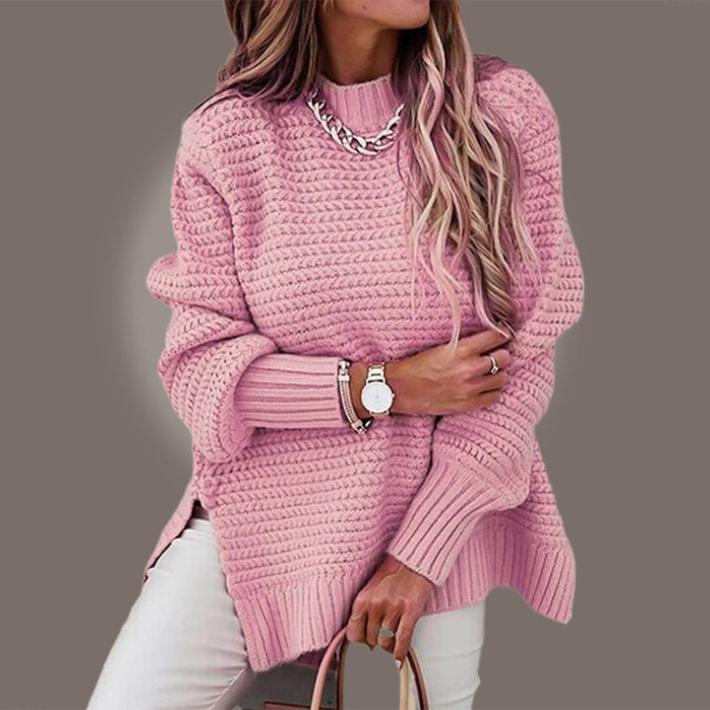 Longline Chunky Knit Sweater with Side Slits and Round Neck in Pink