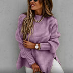 Longline Chunky Knit Sweater with Side Slits and Round Neck in Purple
