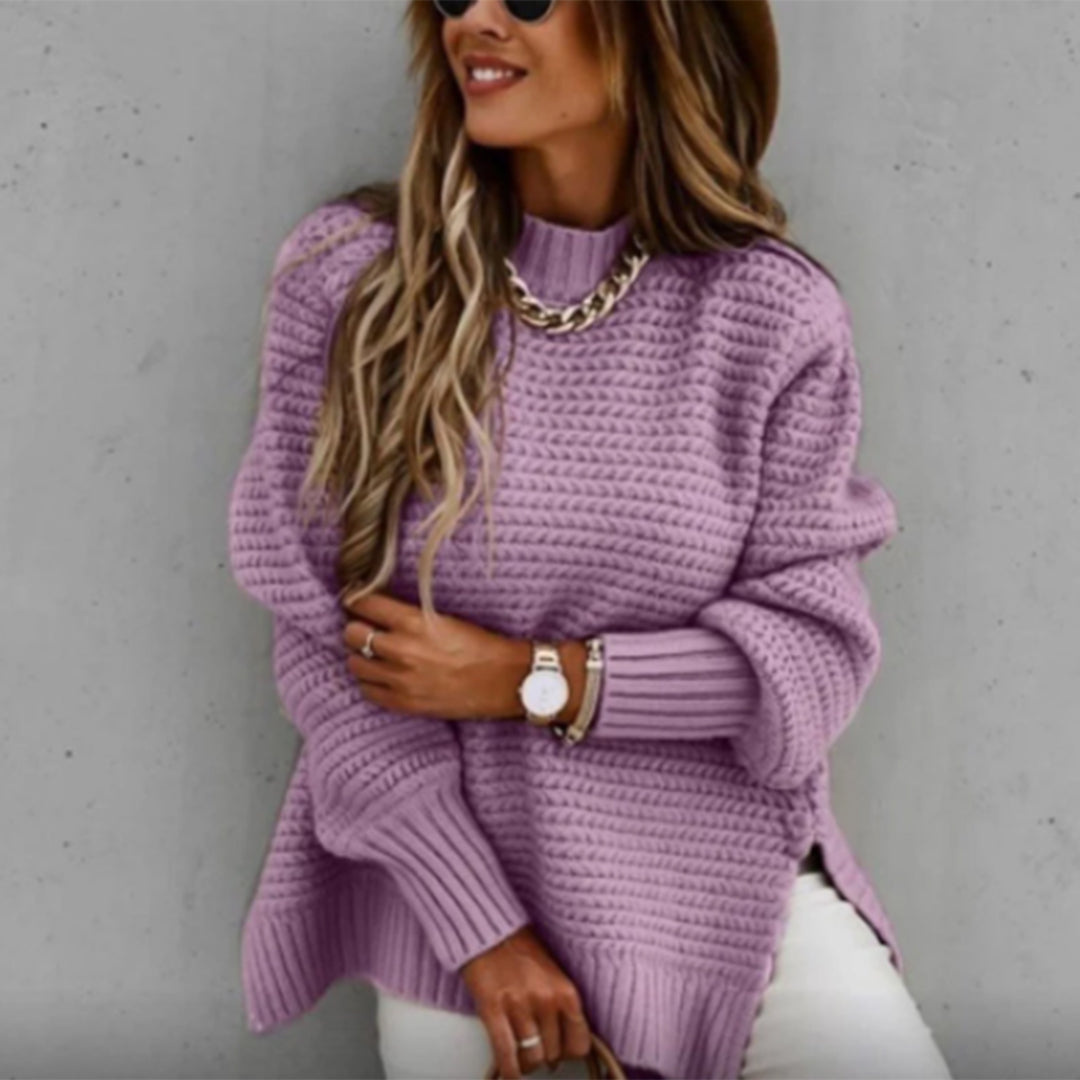 Longline Chunky Knit Sweater with Side Slits and Round Neck in Purple