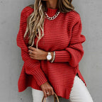 Longline Chunky Knit Sweater with Side Slits and Round Neck in Red