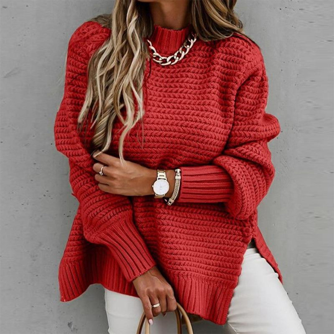 Longline Chunky Knit Sweater with Side Slits and Round Neck in Red