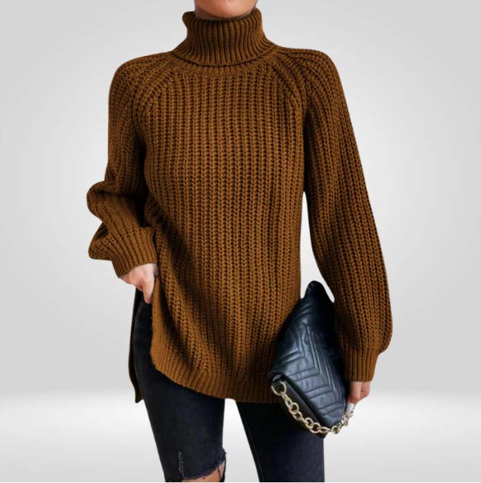 Lucy Ribbed Turtleneck Top with a Close, Slim Fit in Brown