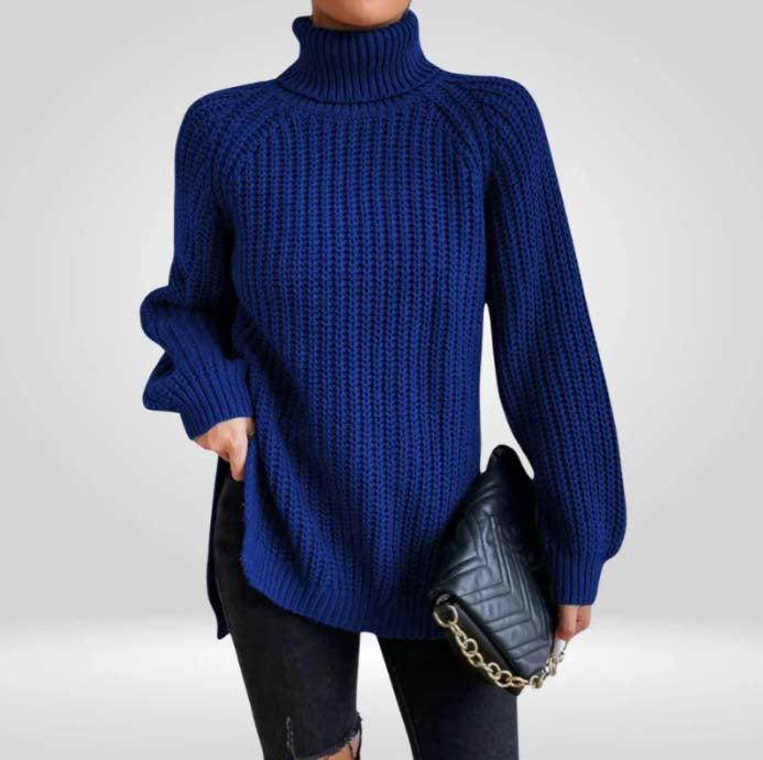 Lucy Ribbed Turtleneck Top with a Close, Slim Fit in Blue