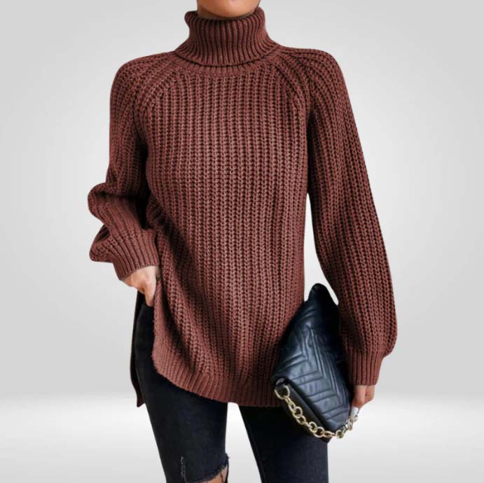 Lucy Ribbed Turtleneck Top with a Close, Slim Fit in Camel