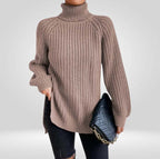 Lucy Ribbed Turtleneck Top with a Close, Slim Fit in Khaki