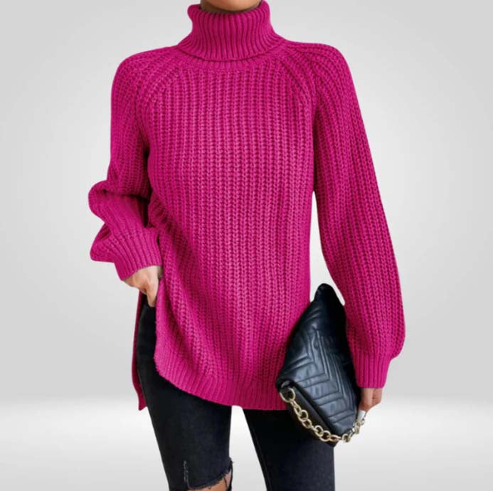 Lucy Ribbed Turtleneck Top with a Close, Slim Fit in Pink Red
