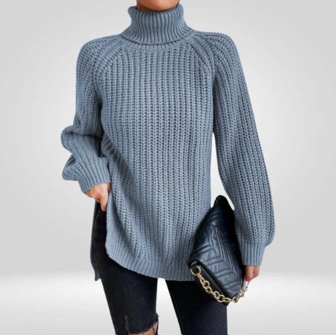 Lucy Ribbed Turtleneck Top with a Close, Slim Fit in Light Blue