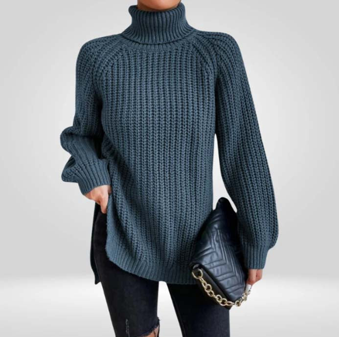 Lucy Ribbed Turtleneck Top with a Close, Slim Fit in Grey Blue
