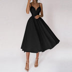 Madison V-Neck Midi Dress with Fitted Bodice and Full Skirt in Black