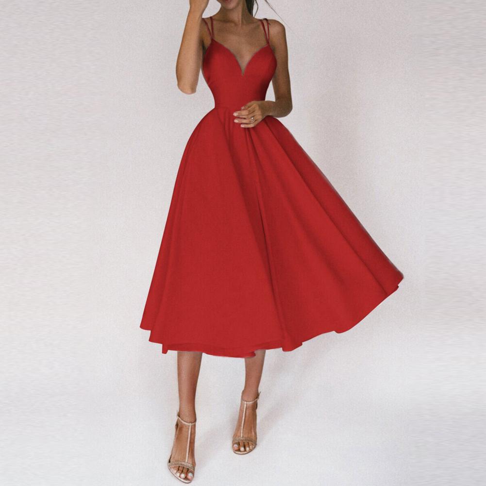 Madison V-Neck Midi Dress with Fitted Bodice and Full Skirt in Red