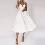 Madison V-Neck Midi Dress with Fitted Bodice and Full Skirt in White